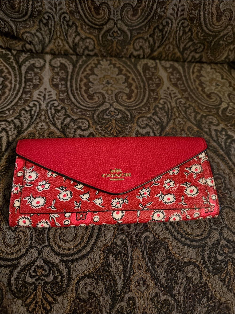 Coach Red Floral Envelope Wallet with Gold Logo